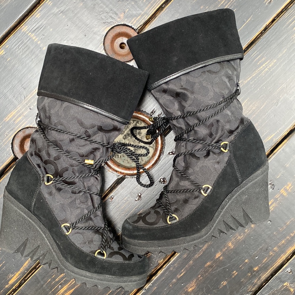 Coach black monogram jacquard Maisy rope tie lace up wedge winter boots Size 8 - Picture 1 of 16